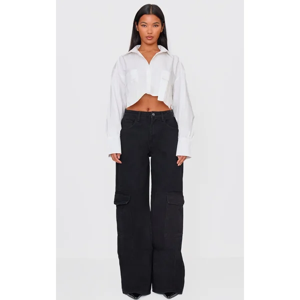 Washed Black Cargo Side Pocket Wide Leg Jeans
