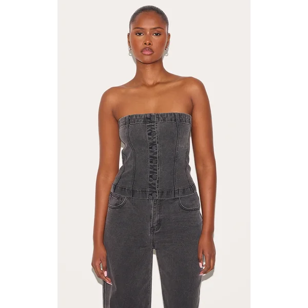 Washed Black Covered Button Longline Denim Top