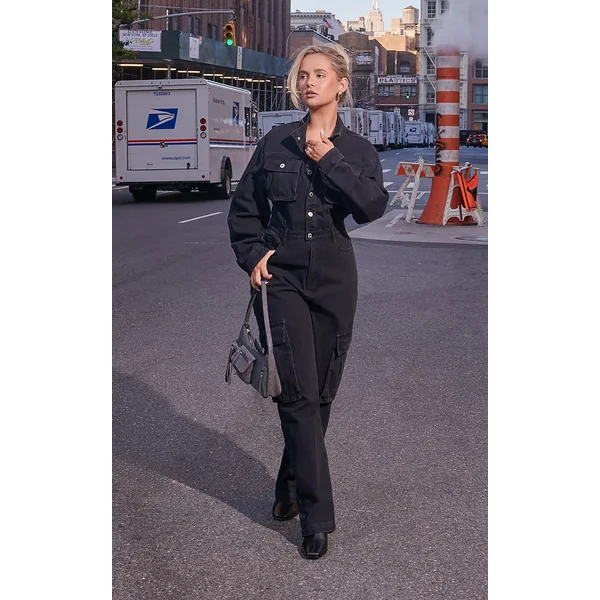 Washed Black Denim Cargo Wide Leg Jumpsuit