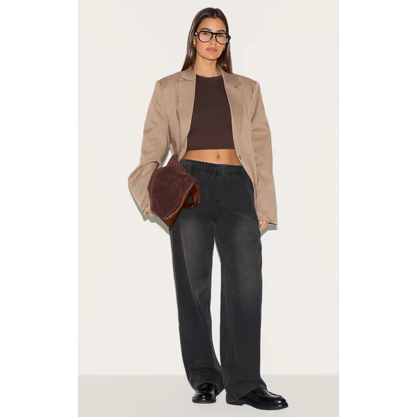 Washed Black Elasticated Waistband Wide Leg Jeans