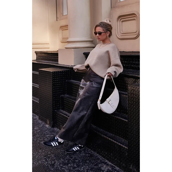 Washed Black Faux Leather Maxi Skirt