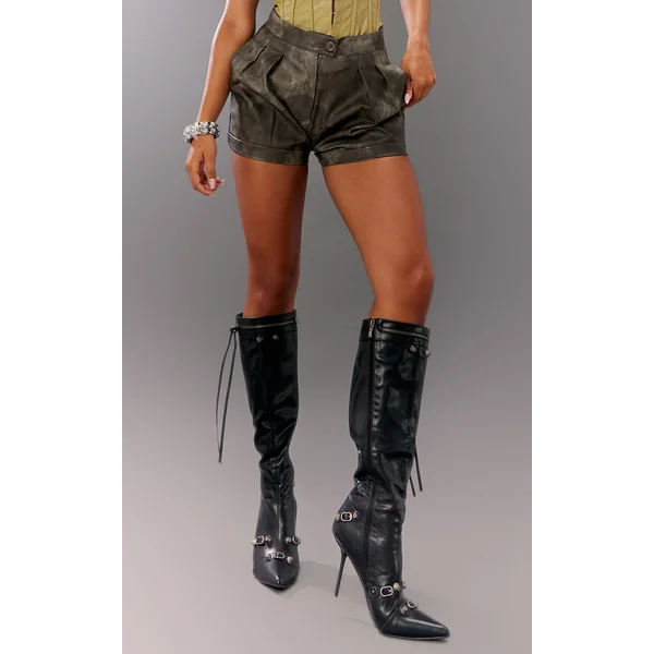 Washed Black Faux Leather Pleat Detail Shorts