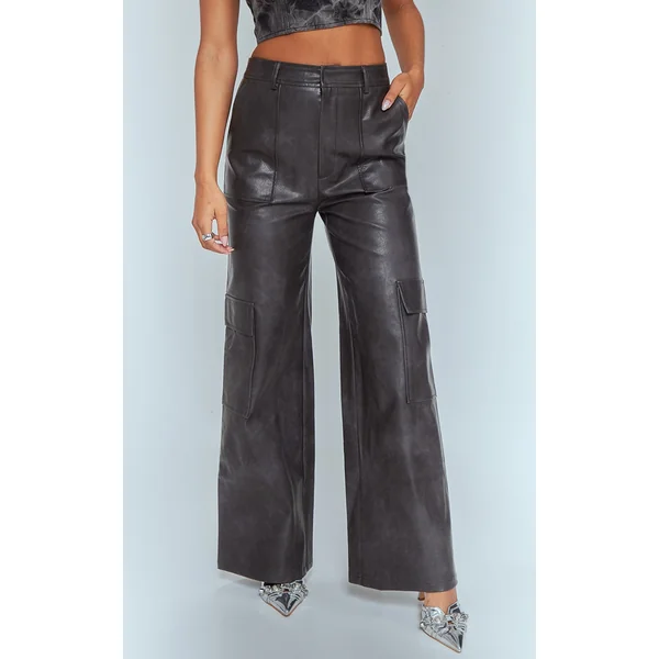 Washed Black Faux Leather Pocket Wide Leg Cargo Pants