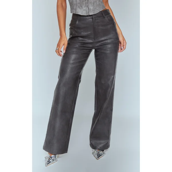 Washed Black Faux Leather Straight Leg Pants