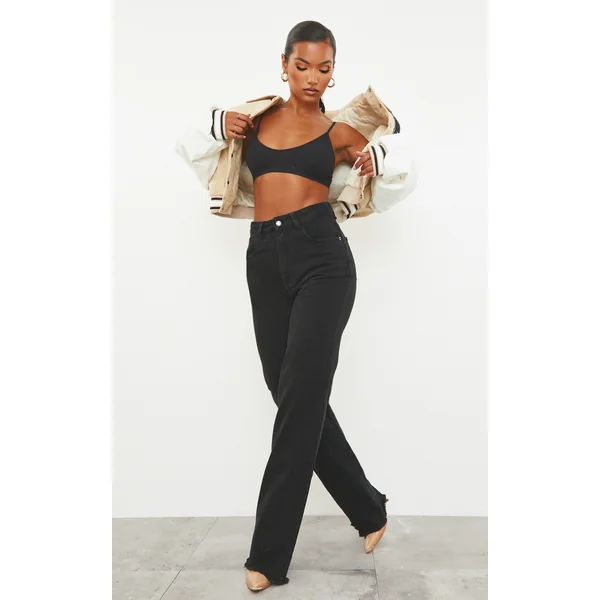 Washed Black Frayed Hem Wide Leg Jeans