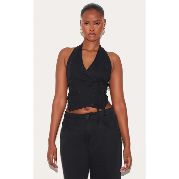 Washed Black Halter Neck Wrap Front Denim Vest