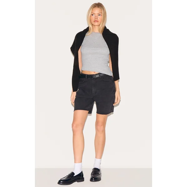 Washed Black Longline Fitted Denim Shorts