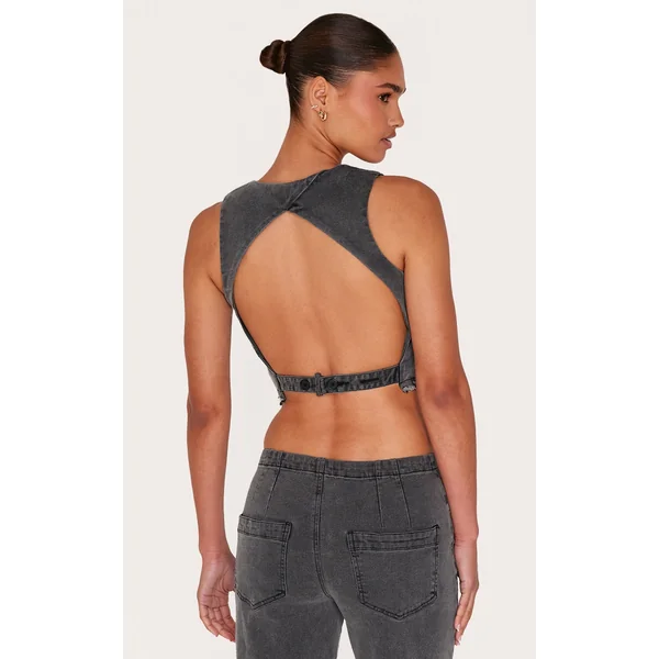 Washed Black Raw Hem Cut Out Back Denim Vest