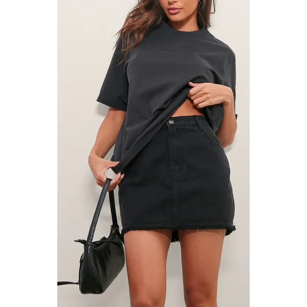 Washed Black Raw Hem Denim Mini Skirt