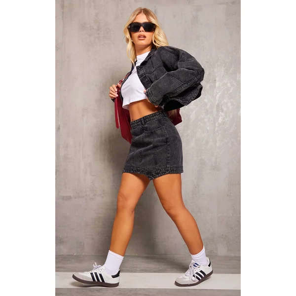 Washed Black Seam Detail Asymmetric Denim Mini Skirt