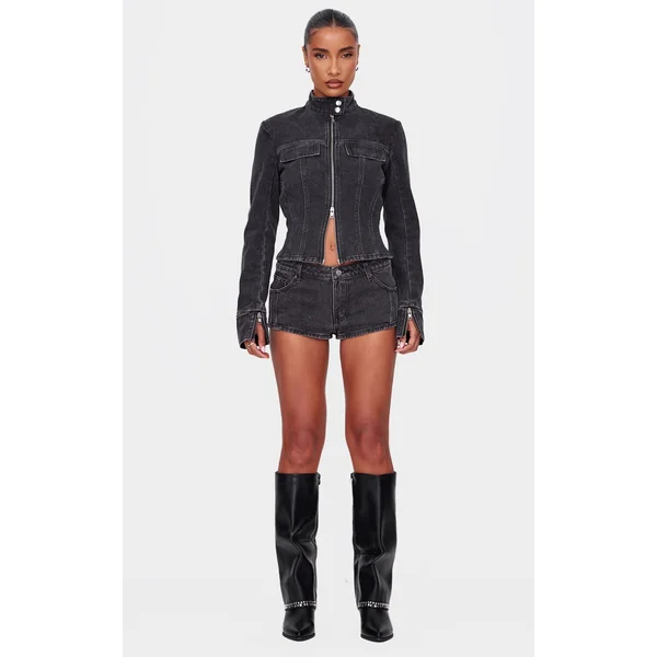 Washed Black Seam Detail Denim Hotpants