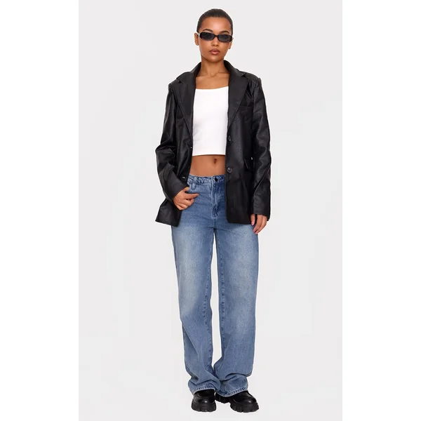 Washed Black Textured Faux Leather Blazer