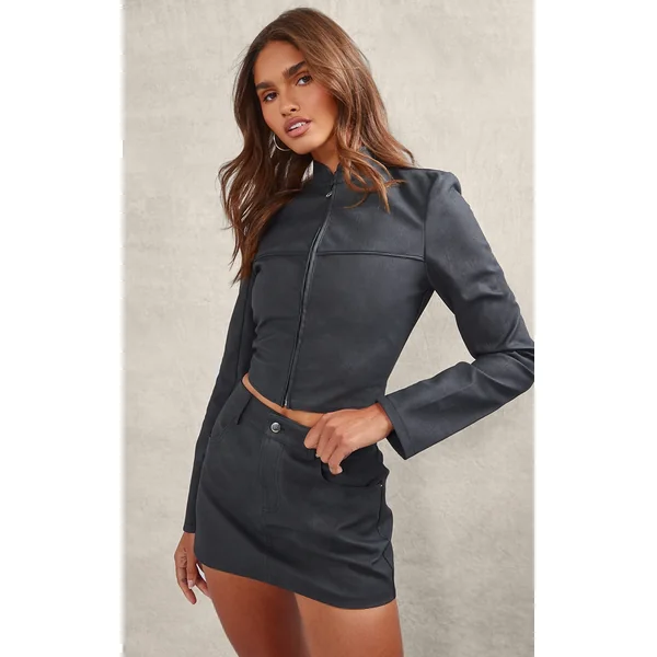 Washed Black Textured Faux Leather Funnel Neck Jacket