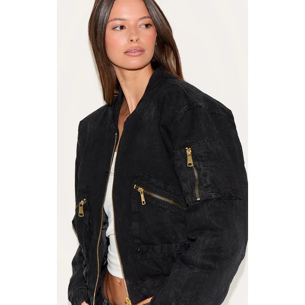 Washed Black Washed Twill Padded Bomber Jacket