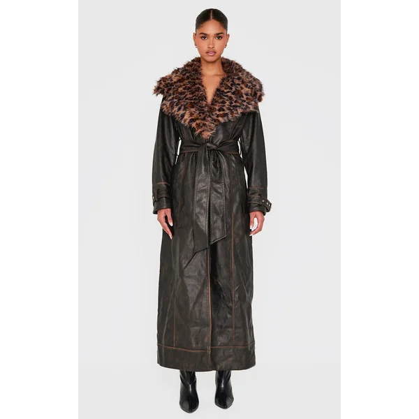 Washed Brown Detachable Leopard Faux Fur Trim PU Trench Coat