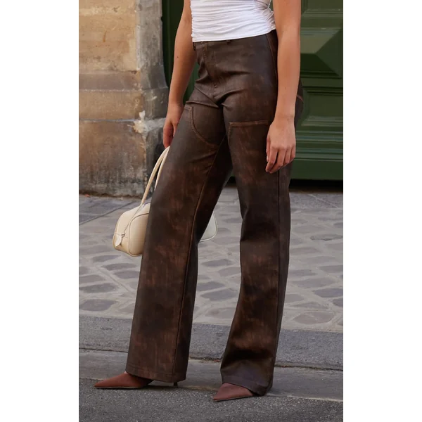 Washed Brown Faux Leather Seam Detail Pants