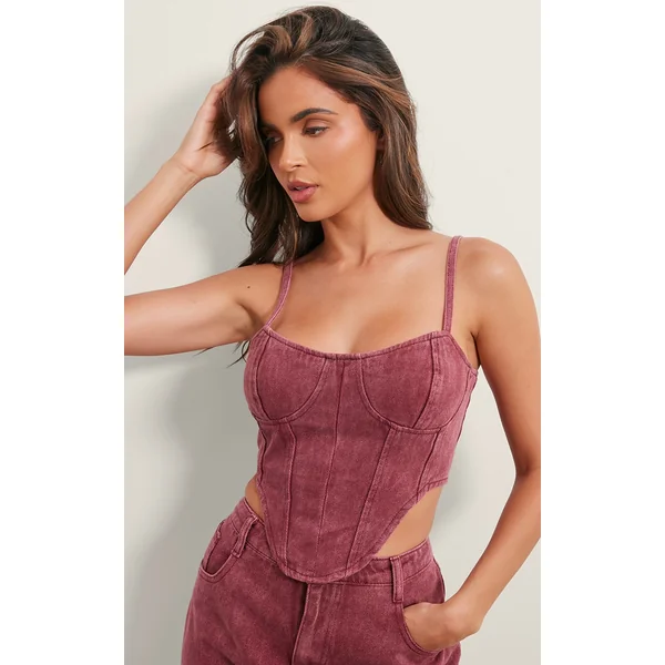 Washed Burgundy Dipped Hem Denim Corset Top