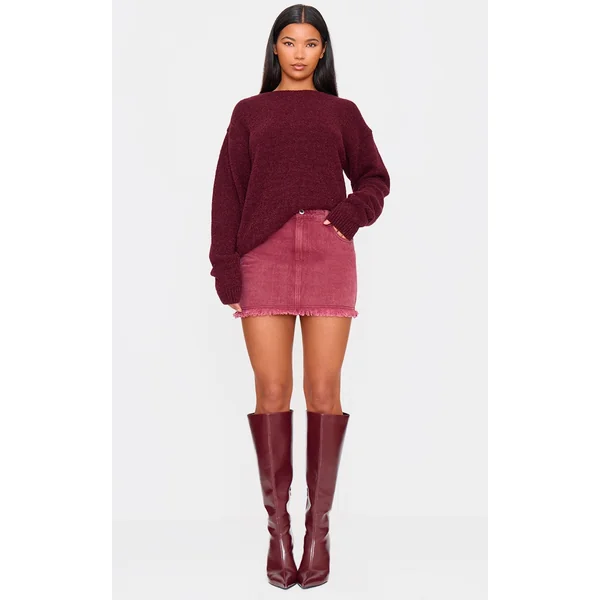 Washed Burgundy Raw Hem Denim Mini Skirt