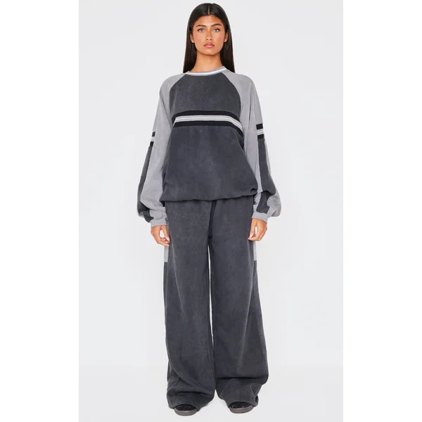 Washed Charcoal Striped Rib Panel Wide Leg Sweatpants