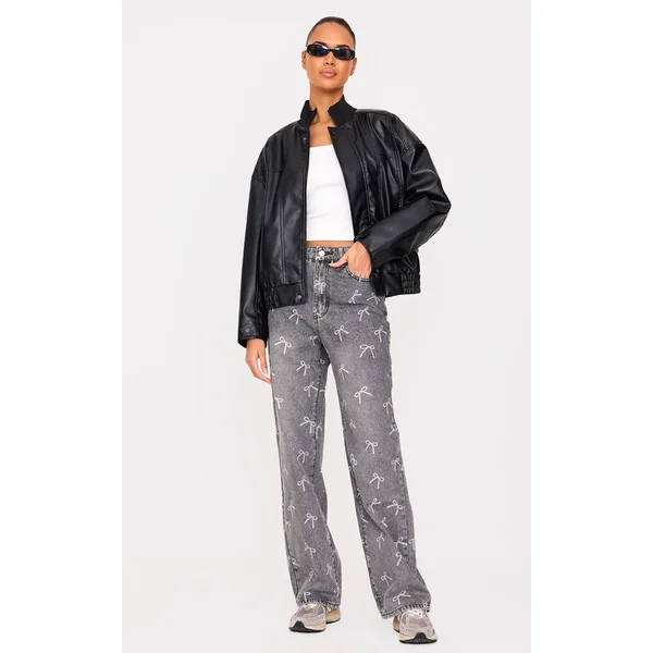 Washed Grey Bow Laser Print Straight Leg Jeans
