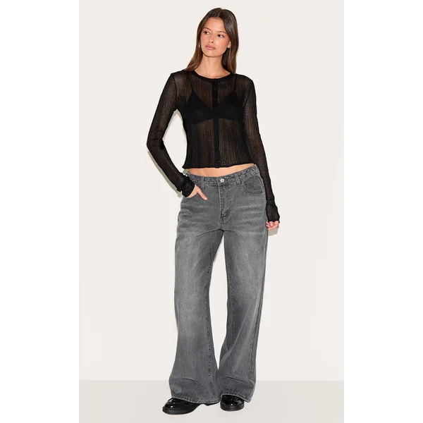 Washed Grey Button Detail Wide Leg Jeans