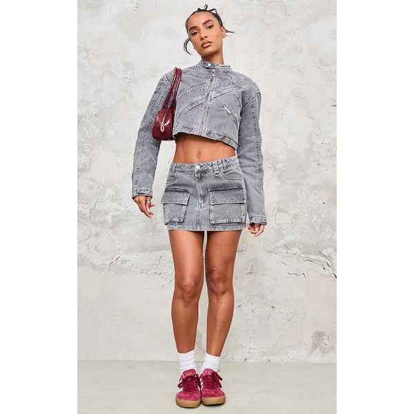 Washed Grey Cargo Pocket Detail Denim Mini Skirt