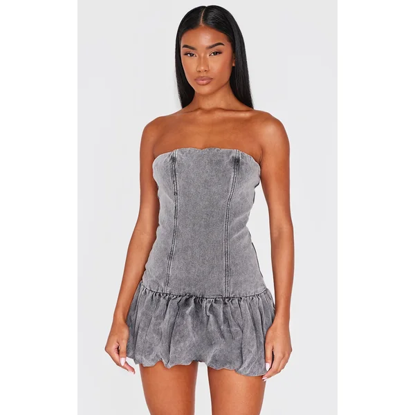Washed Grey Denim Bandeau Puffball Mini Dress