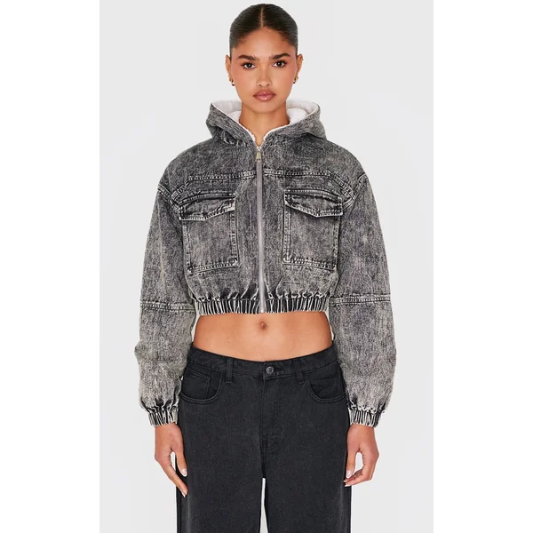 Washed Grey Faux Fur Lined Hood Cropped Denim Jacket