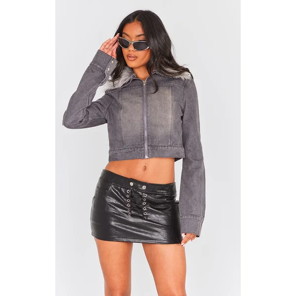 Washed Grey Faux Fur Trim Denim Biker Jacket