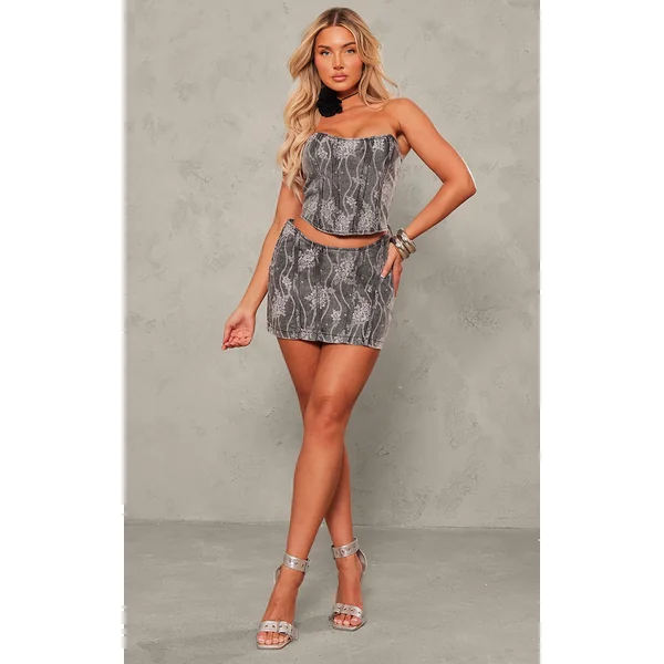 Washed Grey Lace Print Denim Mini Skirt