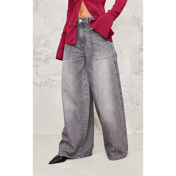 Washed Grey Mid Rise Wide Leg Jeans