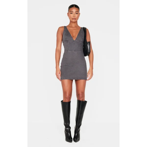 Washed Grey Plunge Corset Style Denim Mini Dress