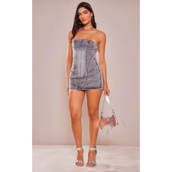 Washed Grey Seam Detail Bandeau Denim Mini Dress