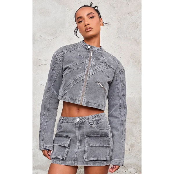 Washed Grey Seam Detail Shoulder Padded Racer Cropped Denim Jacket