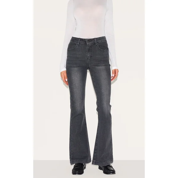 Washed Grey Seam Detail Stretch Denim Flared Jeans