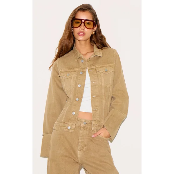 Washed Khaki Turn Up Cuff Cinched Back Denim Jacket