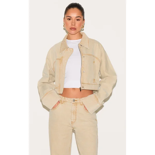 Washed Stone Cropped Deep Cuff Concealed Button Crop Jacket
