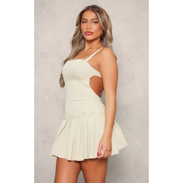 Washed Stone Cut Out Side Pleated Denim Mini Dress