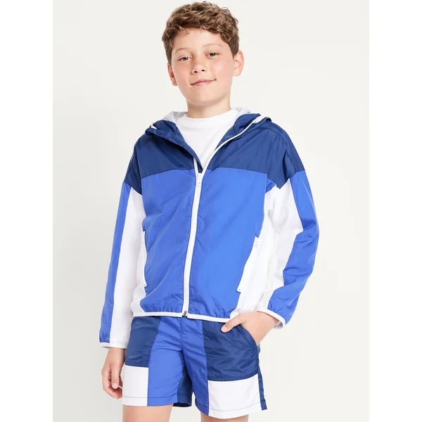 Water-Resistant Full-Zip Color-Block Jacket for Boys - Colorblock Blues