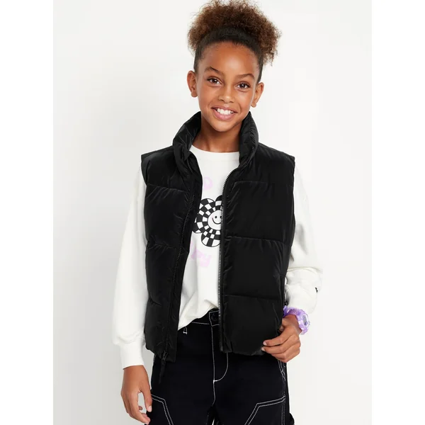 Water-Resistant Quilted Puffer Vest for Girls - Black Jack