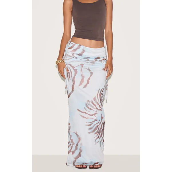 White Abstract Shell Print Ruched Side Maxi Skirt