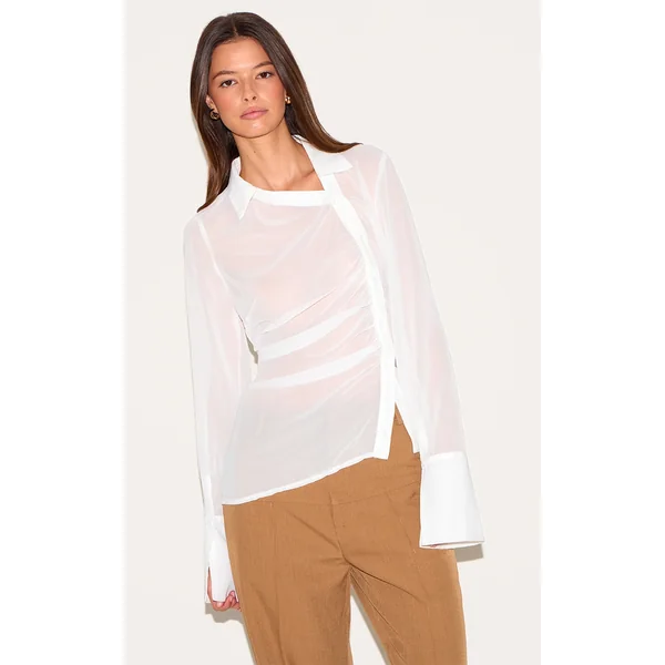 White Asymmetric Chiffon Shirt