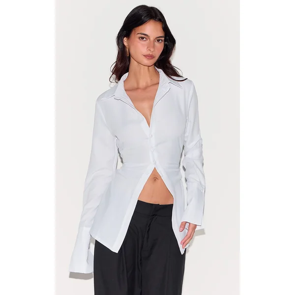 White Asymmetric Cinched Deep Cuff Shirt