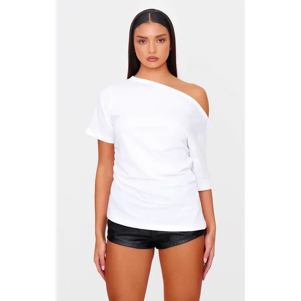 White Asymmetric Ruched Side Detail T Shirt