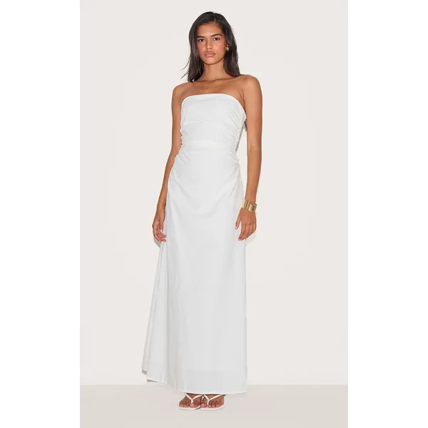 White Bandeau Ruched Waist Detail Maxi Dress