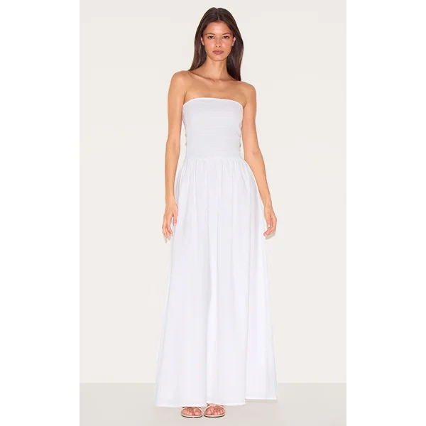 White Bandeau Shirred Detail Maxi Dress
