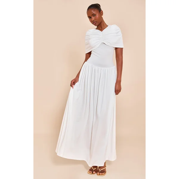 White Bardot Extreme Fold Over Ruched Detail Maxi Dress