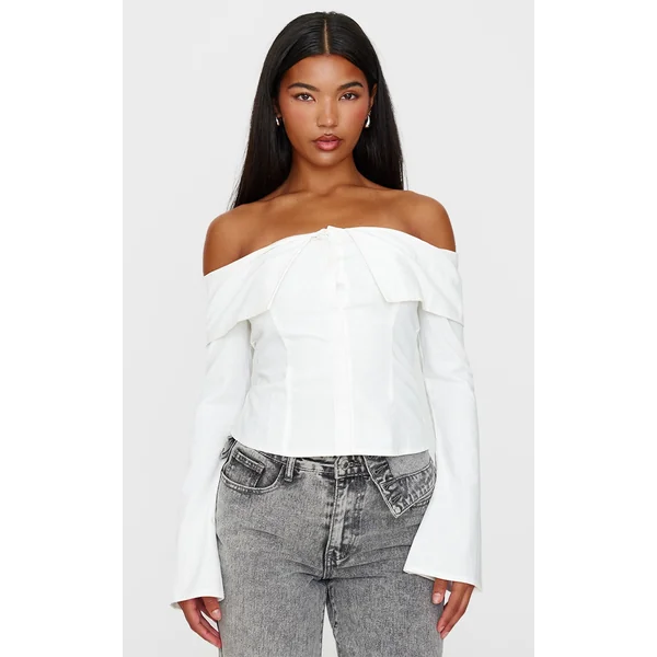White Bardot Foldover Long Sleeve Top