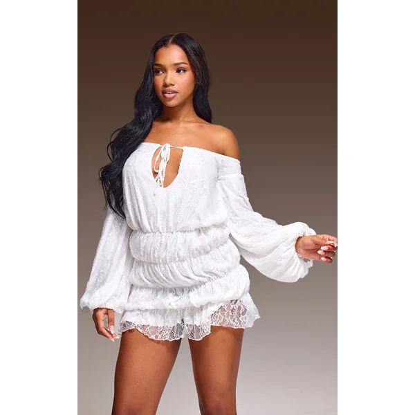 White Bardot Lined Lace Shirred Bodycon Dress