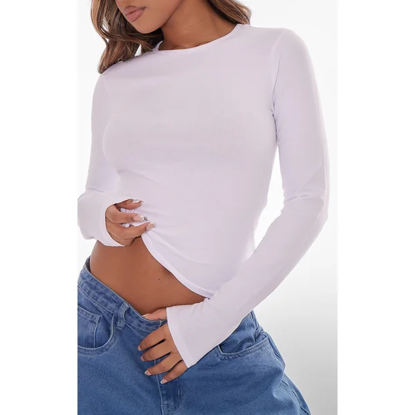White Basic Cotton Blend Long Sleeve Fitted T Shirt